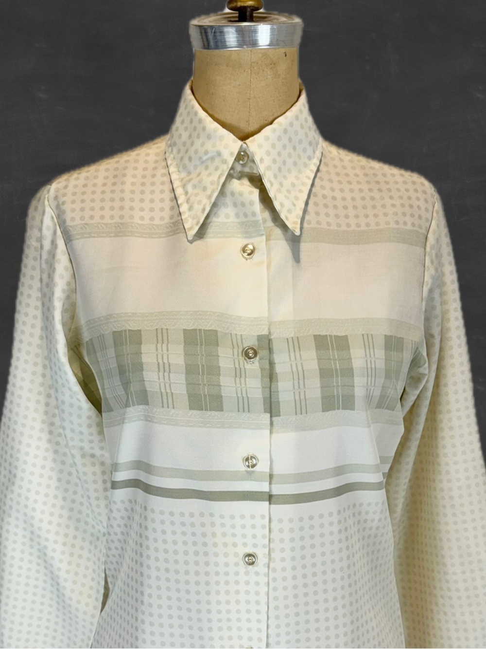 VINTAGE 70s disco dagger collar button down shirt sage green plaid polka dot